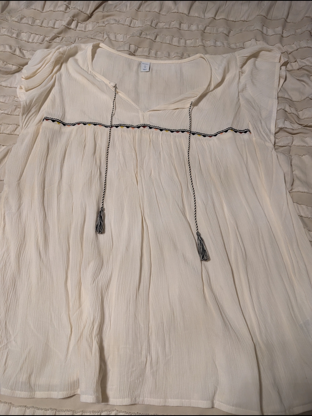 Old Navy Cream Crinkle Peasant Top with Braided Tassels